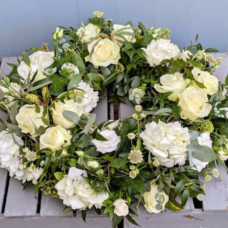 White Rose Funeral Wreath - Mills in Bloom Winchester Florists