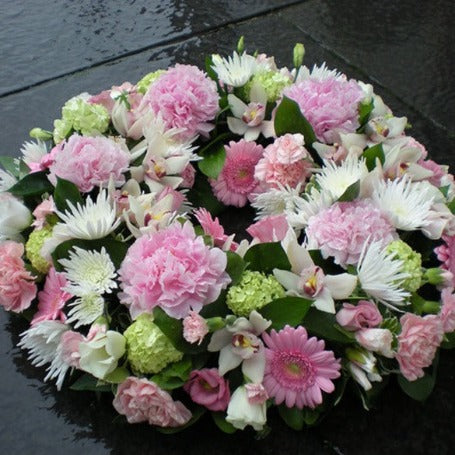 Pink and White Funeral Wreath - Mills in Bloom Florists Winchester