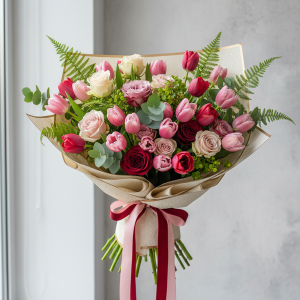 The Adoration - Pink and red tulips with lime green foliage