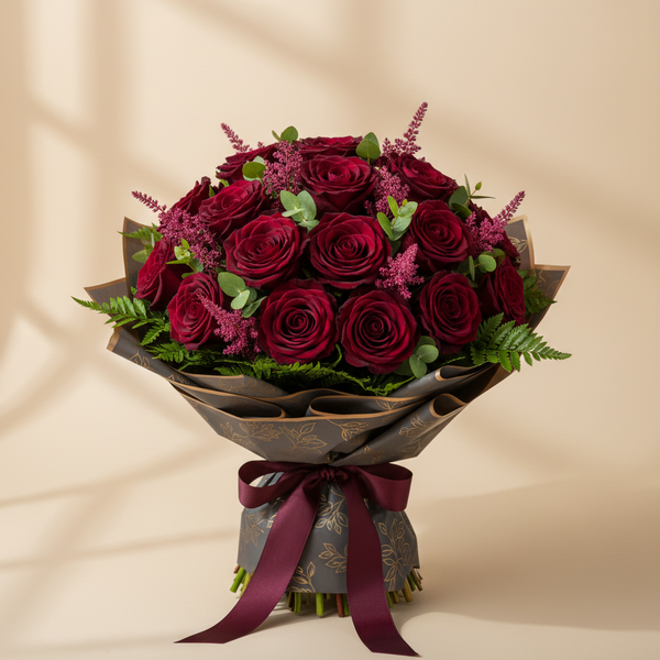 The Mystique - Round Black Baccara with lime foliage