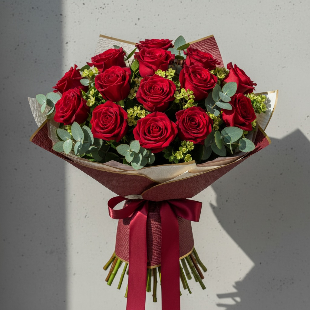 The Romance - Exactly 12 red roses with country foliage