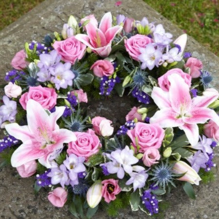 Pink Rose and Lily Wreath - Mills in Bloom Florists Winchester