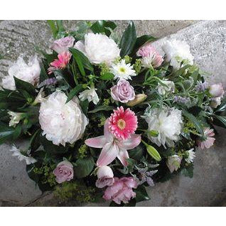 White Peony, Roses, Gemini Spray with herbs and garden foliages.