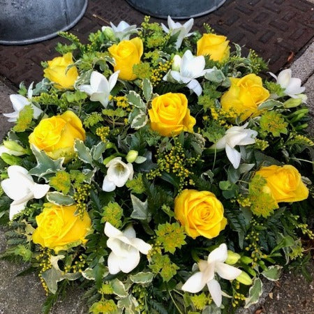 Yellow and White Funeral Posy - Mills in Bloom Winchester Florists